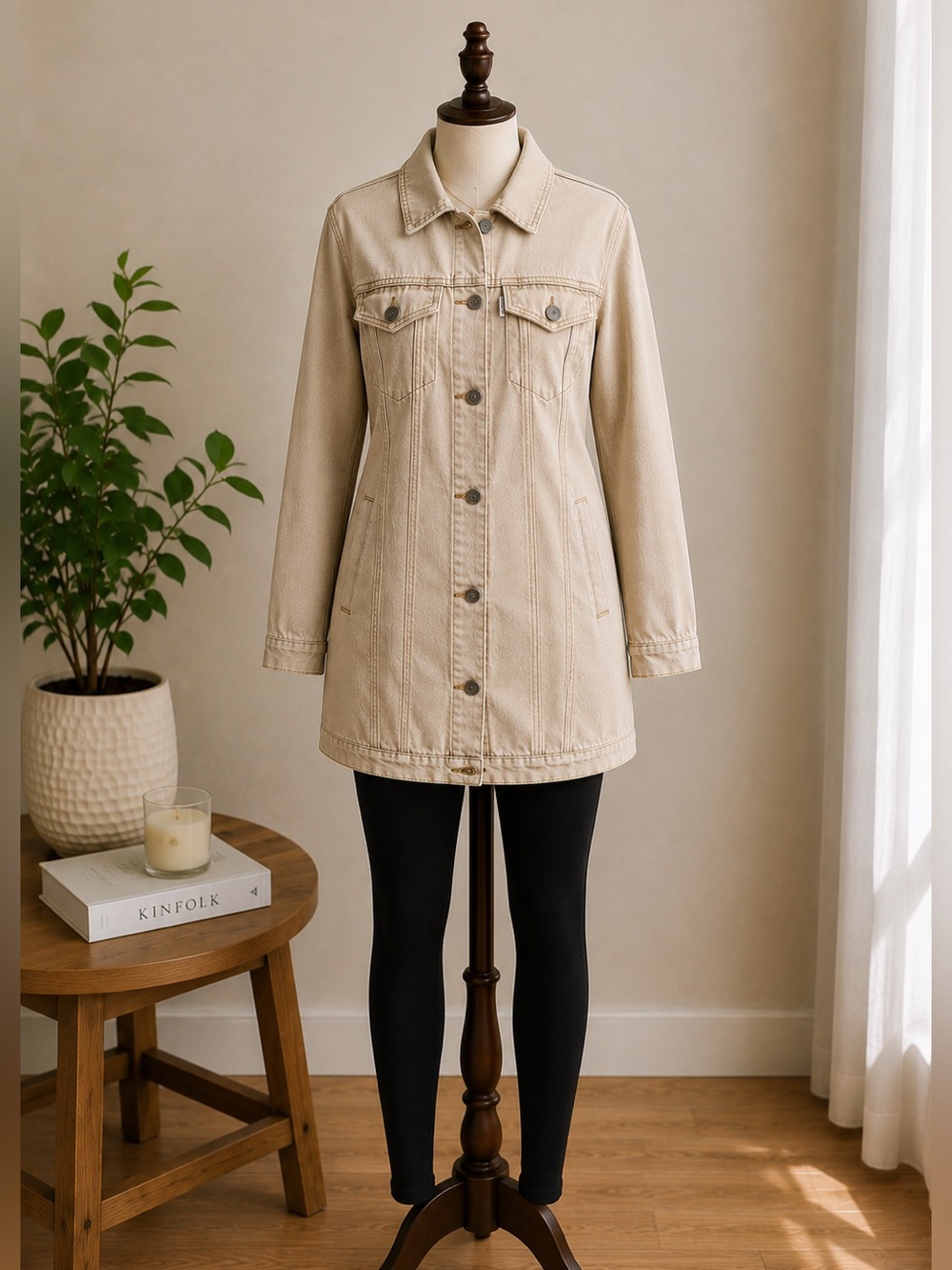 Lois Jeans Anna Long Denim Jacket Moka Beige Stretch Trucker Shacket Size Medium